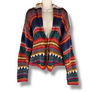 Vintage Boho Aztec Print Chunky Knit Long Sleeve Cardigan Size M Western Retro